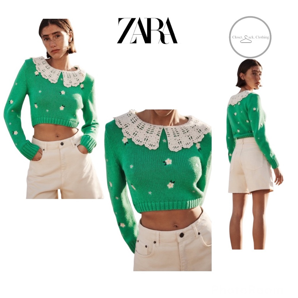 Zara Green and White Crew Neck Sweater